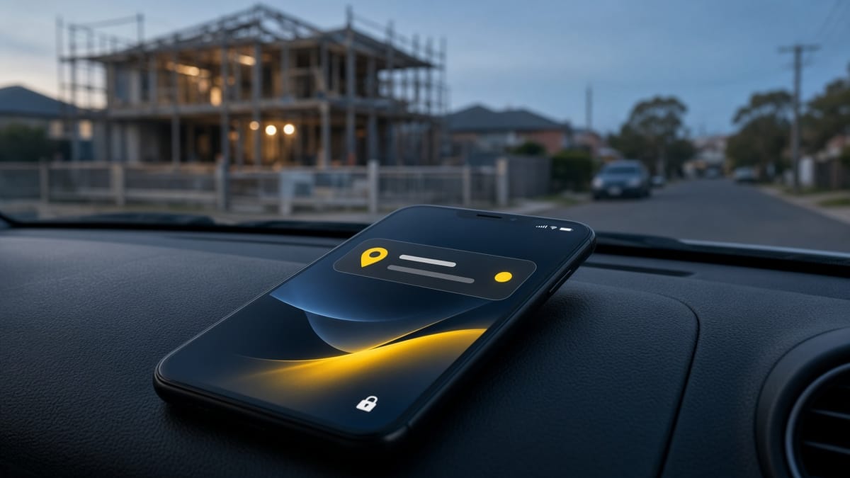 Phone on a ute dashboard lighting up with a job notification, a house under construction in the background
