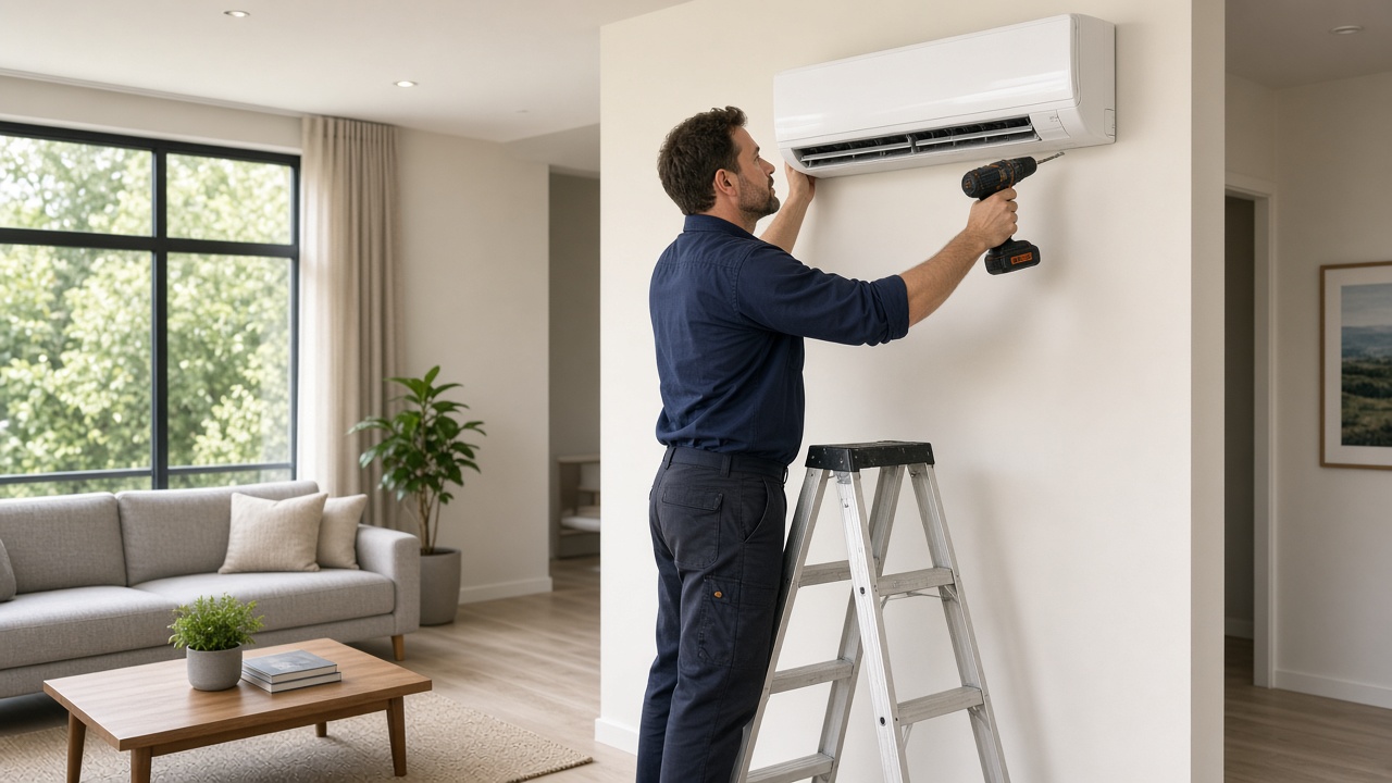 Installer drilling a bracket for a wall-mounted split system air conditioner in a living room
