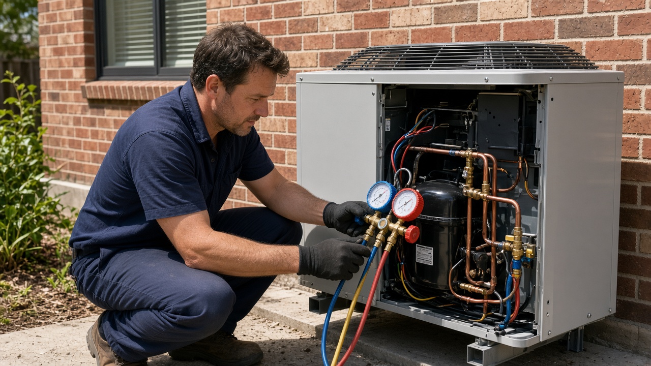 Technician connecting refrigerant gauges to an outdoor split system unit