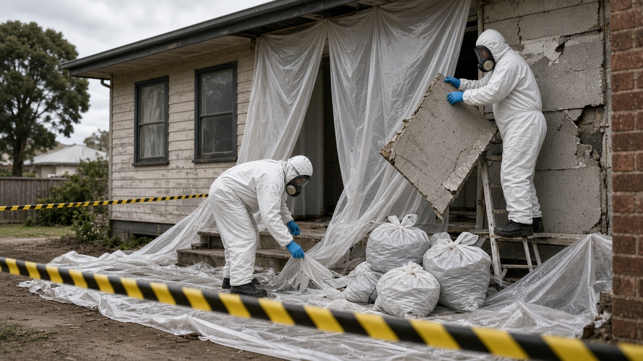 Removalists in white suits and respirators bagging old fibro sheets behind plastic sheeting