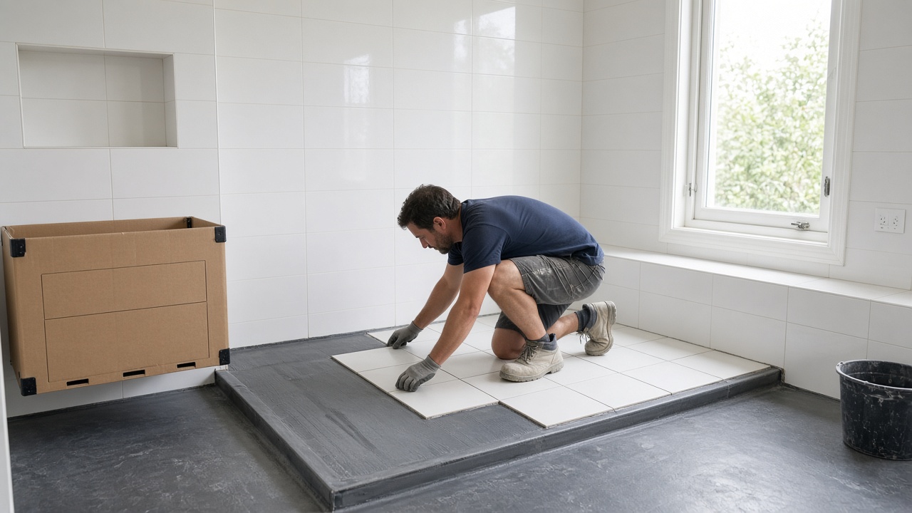 Tiler laying floor tiles over a waterproofed shower base in a bathroom renovation