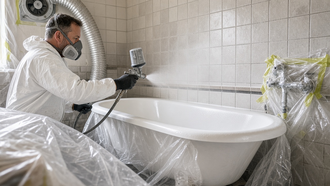 Tradesman in a respirator spray coating an old bath with the taps masked in plastic