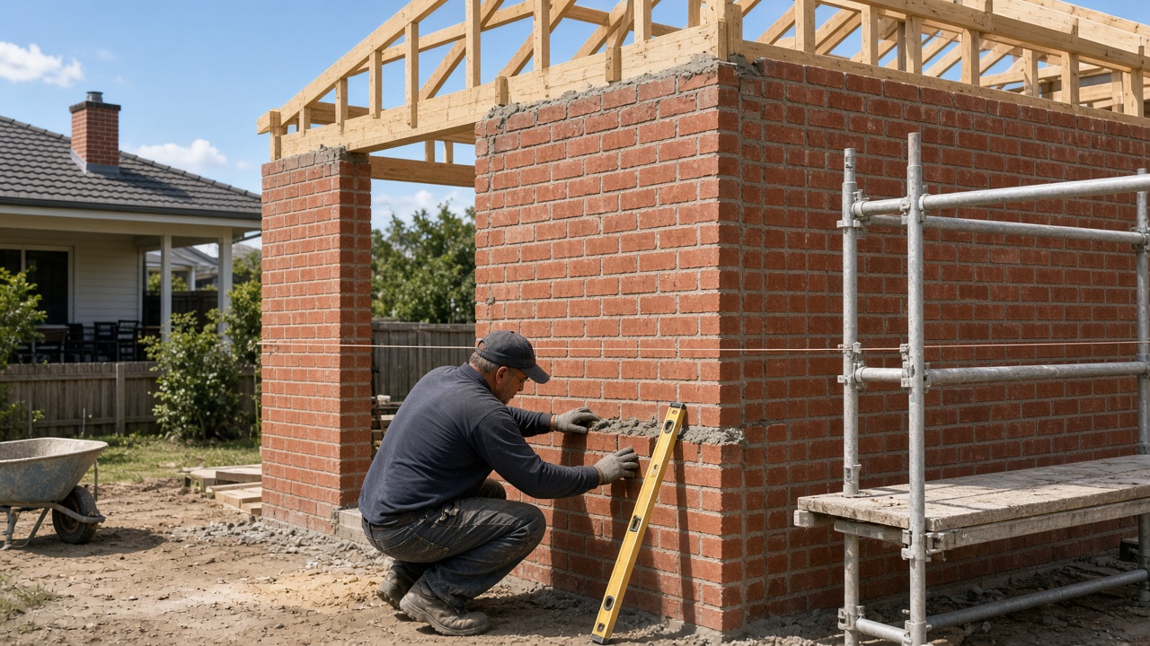 Bricklayer laying red face bricks on the walls of a new garage with roof trusses above