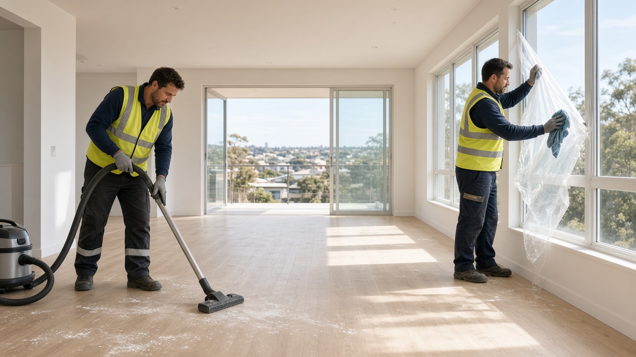 Builders clean cost Australia: cleaner removing construction dust from a new kitchen before handover