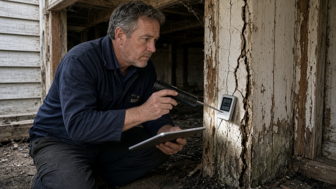 Building inspector checking a cracked subfloor post with a moisture meter