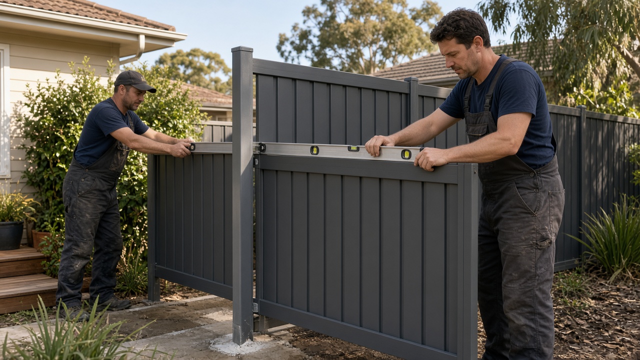 Two fencers levelling a new grey steel fence panel between backyards