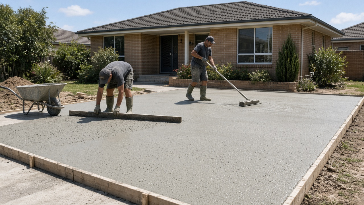 Concreters screeding and floating a freshly poured driveway in front of a brick home