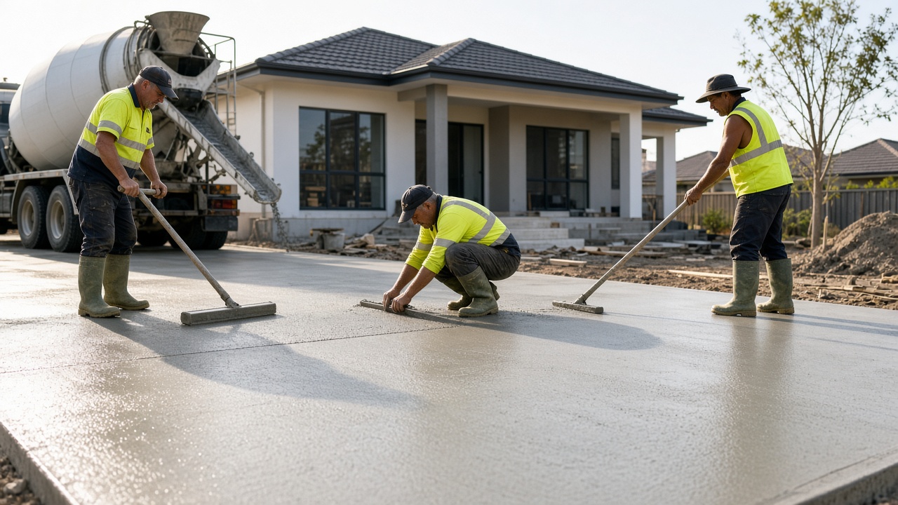 Concreter hourly rate Australia: concrete finisher trowelling a new driveway slab