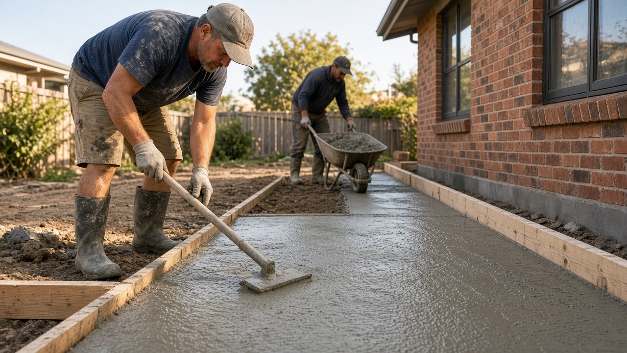 Concreter smoothing a freshly poured path while a labourer brings a wheelbarrow of concrete