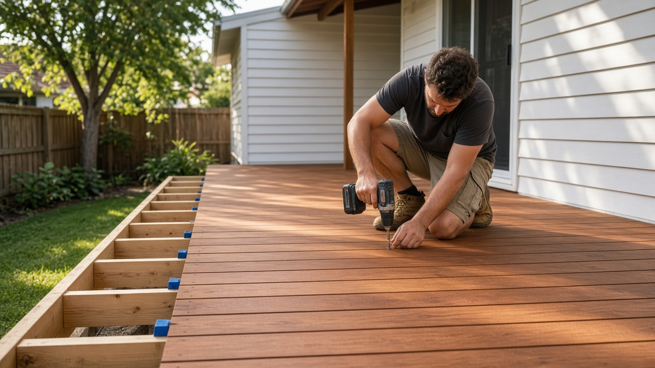 Carpenter screwing down hardwood deck boards over treated pine joists