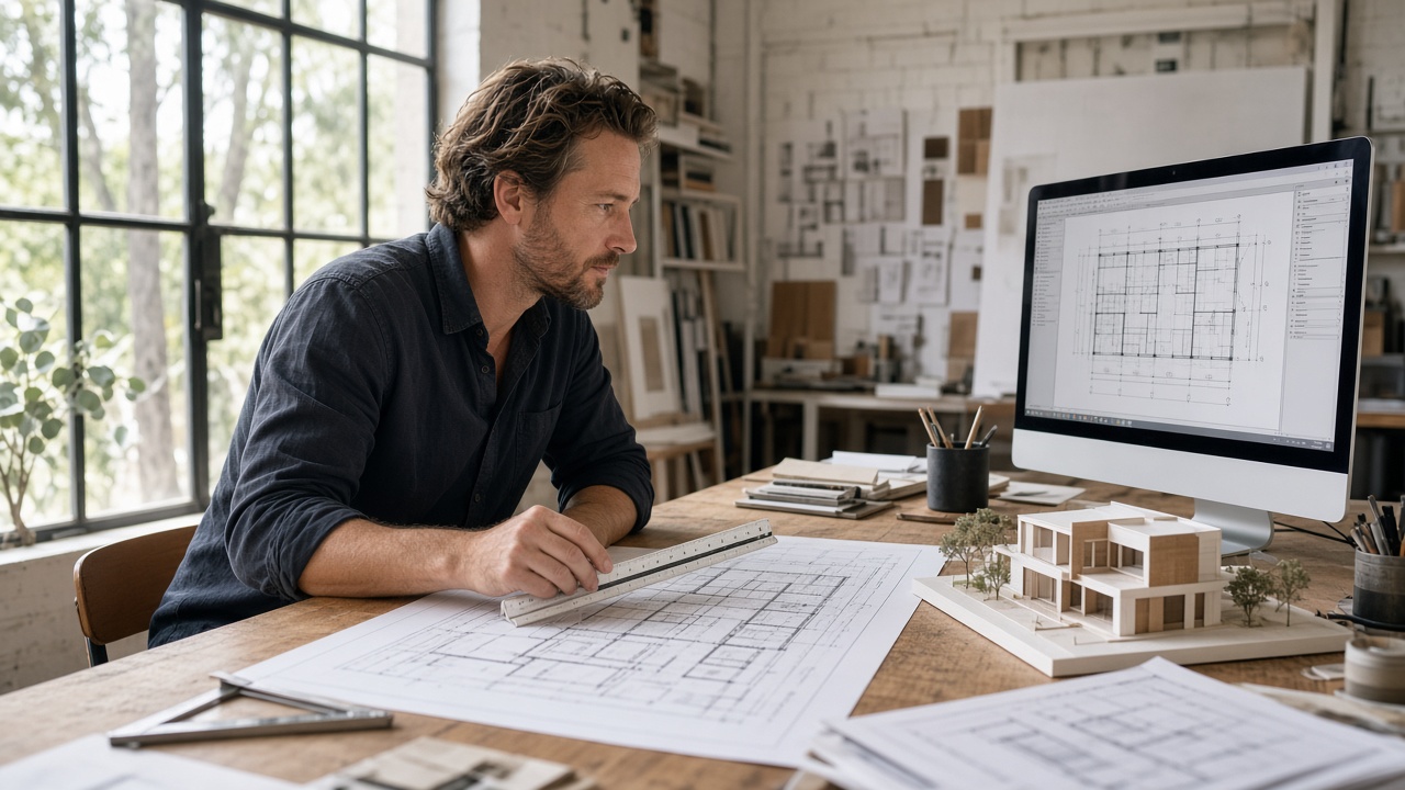 Building designer reviewing house floor plans at a desk beside a small architectural model