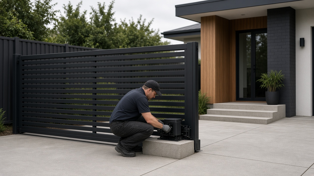 Technician adjusting the motor of a black aluminium slat sliding driveway gate