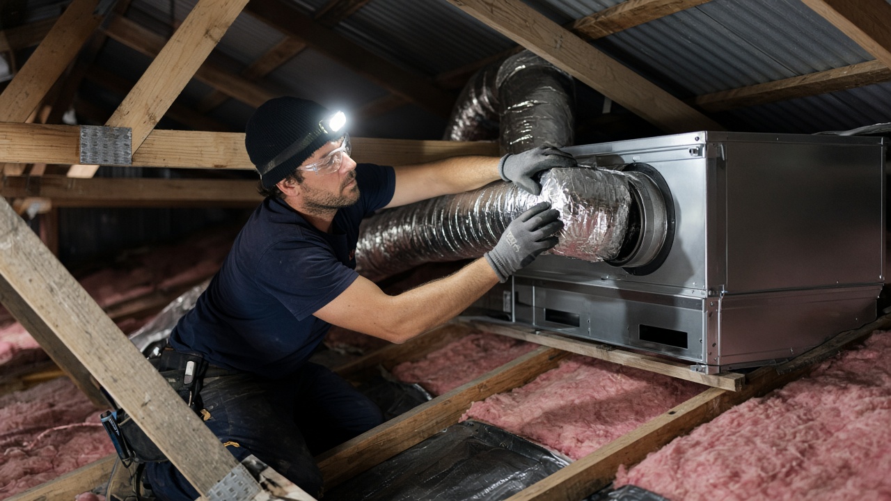 Installer connecting flexible ducts to a ducted air conditioning unit in a roof space