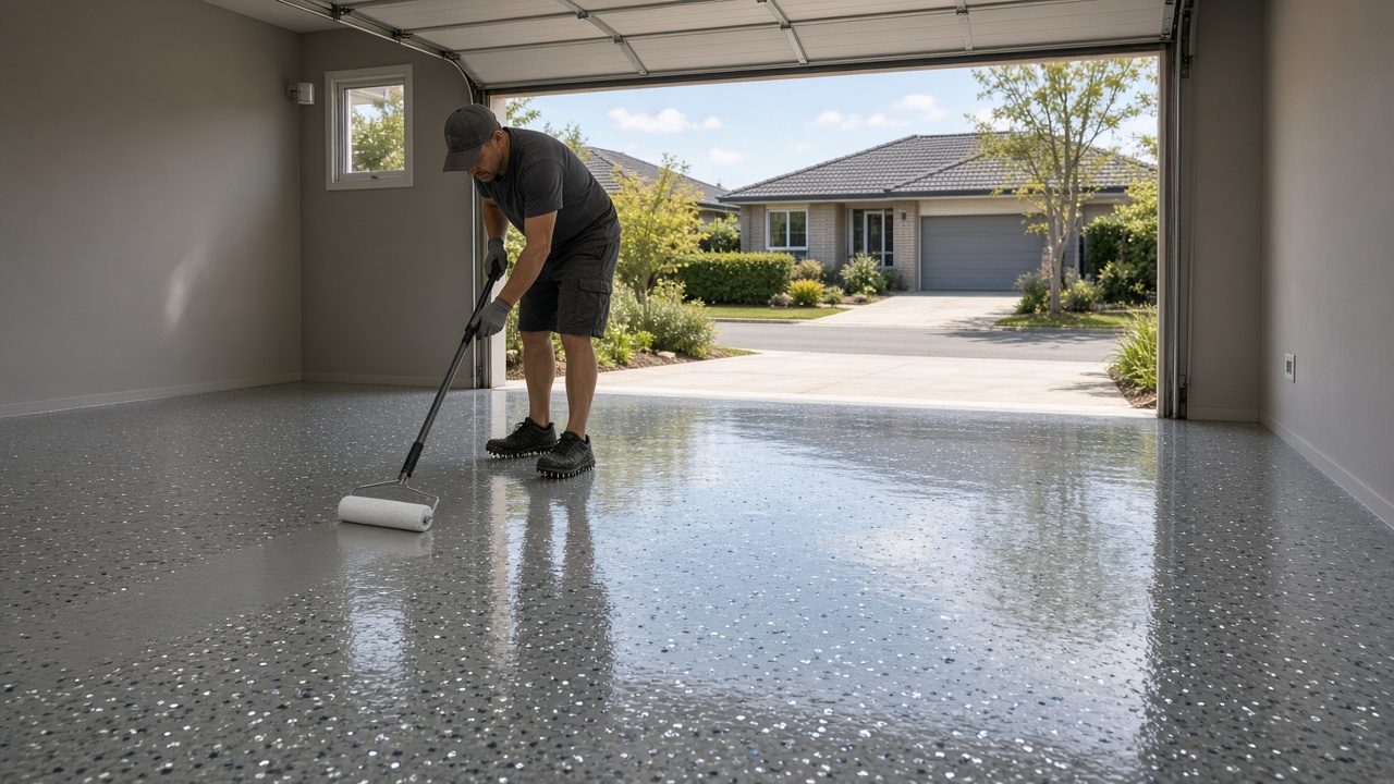 Worker rolling a clear coat over a grey flake epoxy floor in a double garage
