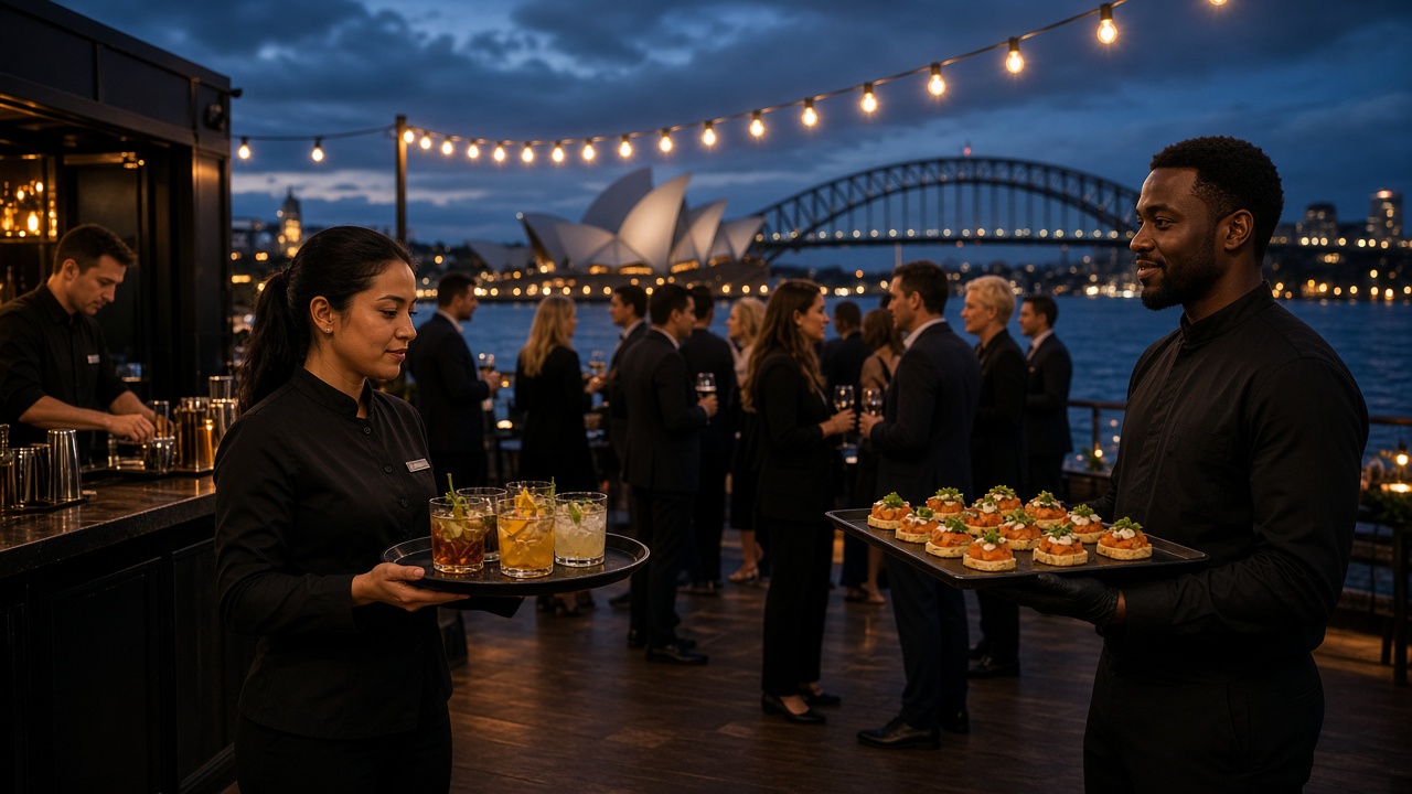 Event staff hire Australia: bartender and wait staff serving guests at a corporate function