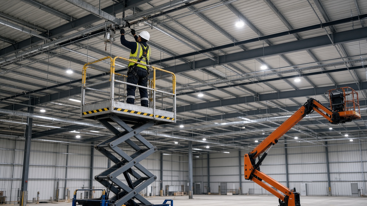 Operator in a boom-type elevating work platform basket on a commercial site, illustrating the EWP licence