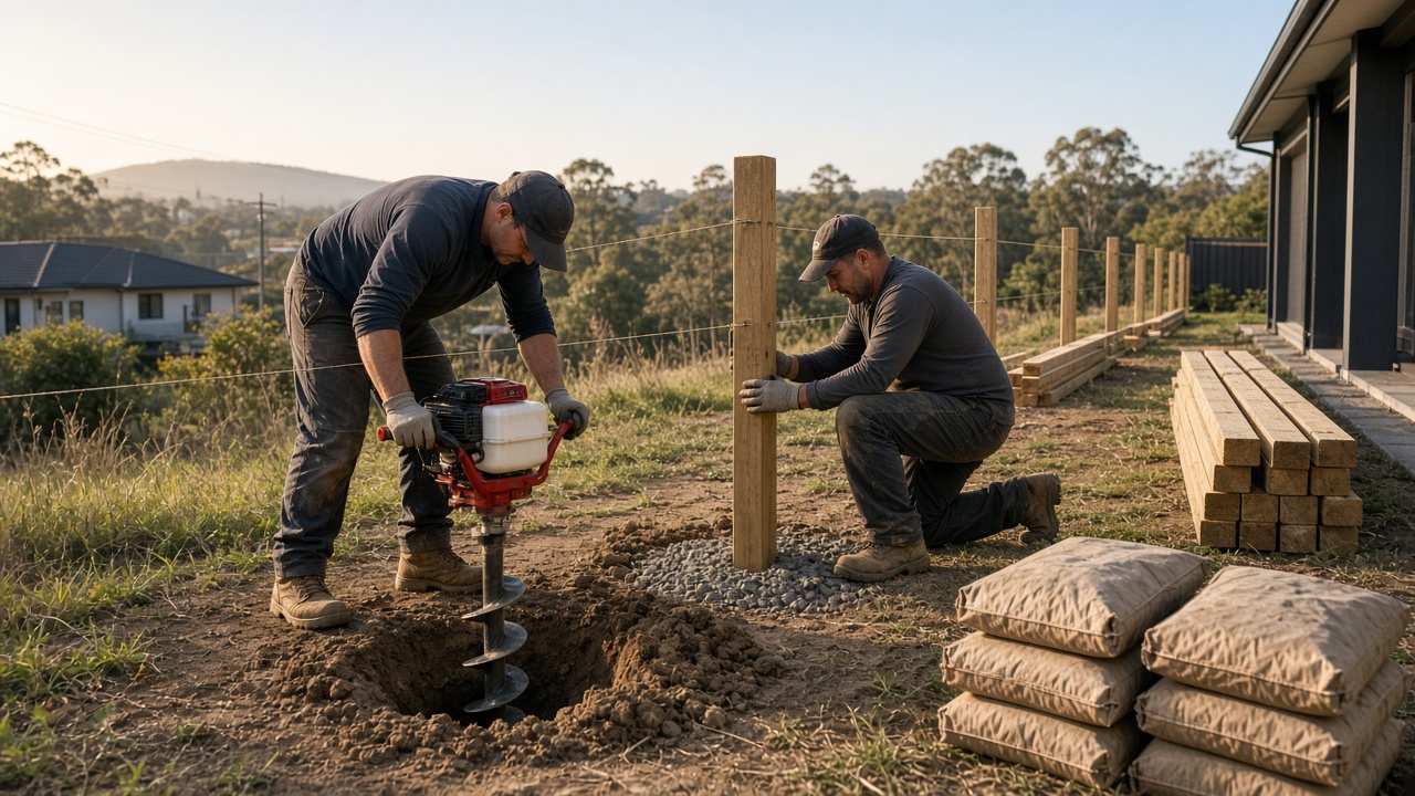 Fencing crew drilling post holes with an auger along a string line
