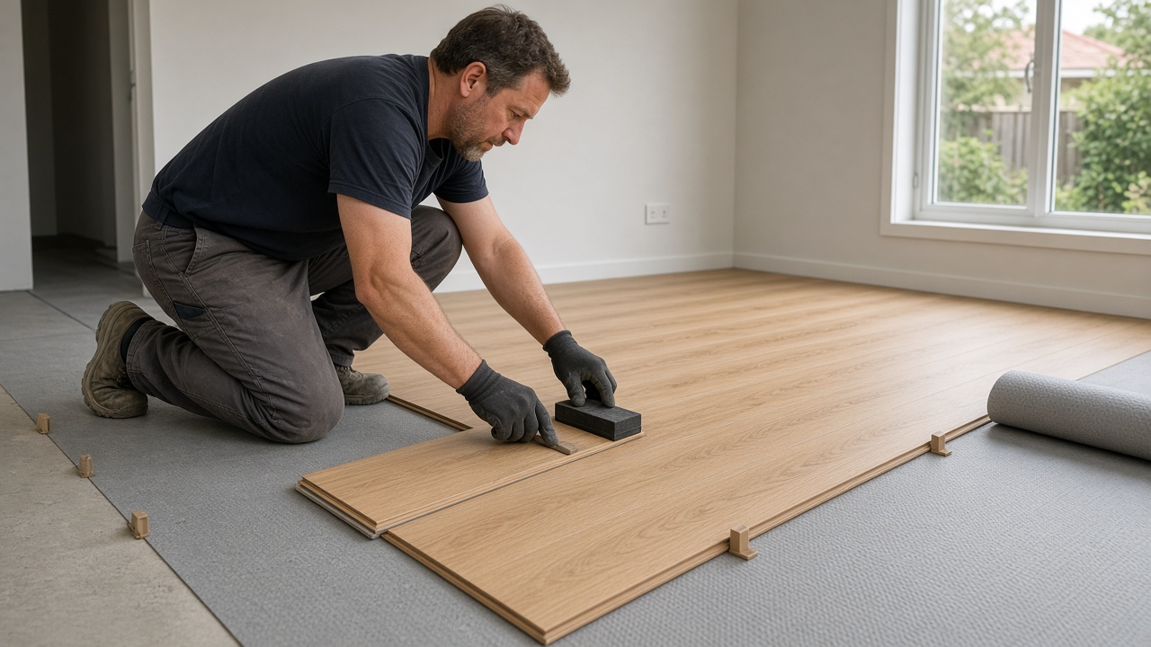 Installer tapping light oak floating floor planks together over underlay
