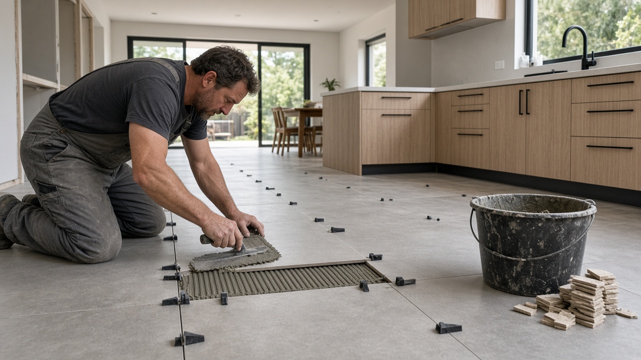 Tiler spreading adhesive with a notched trowel to lay large grey floor tiles in a kitchen