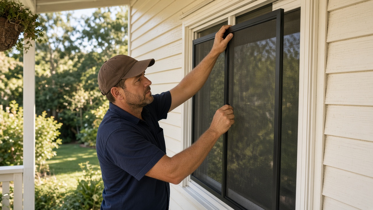 Installer fitting a black framed flyscreen to a window on a weatherboard house