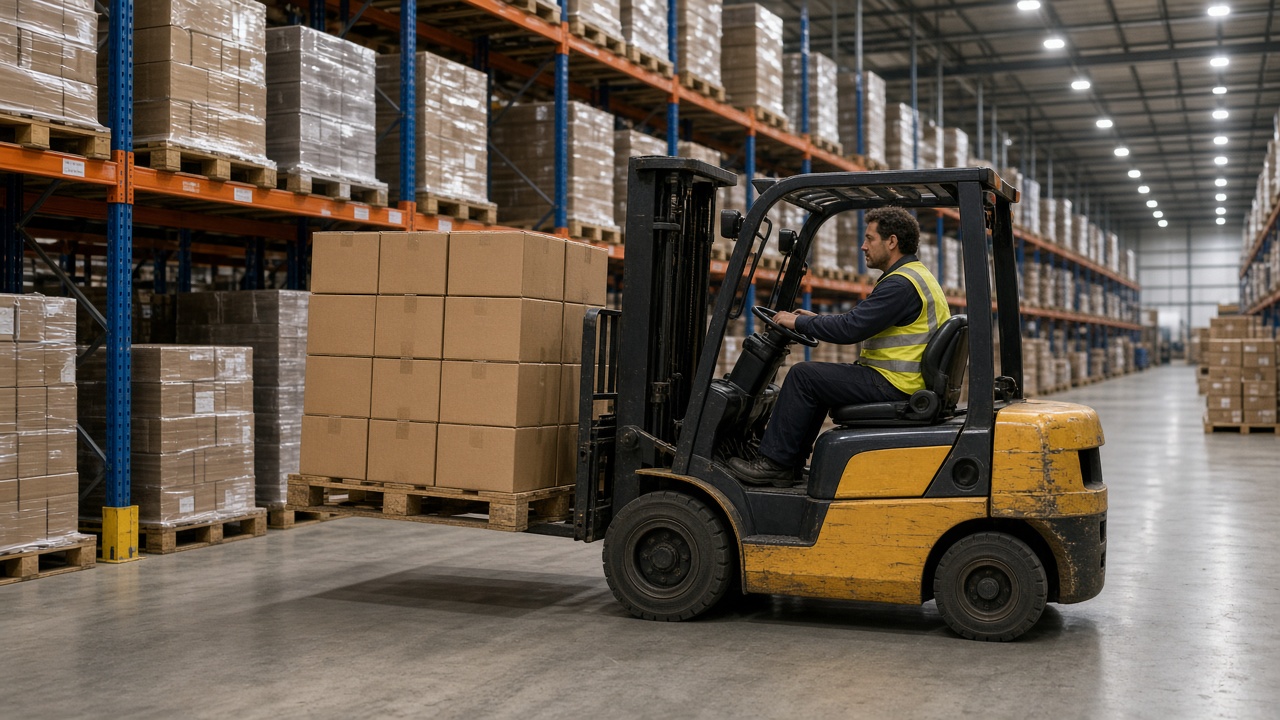 Forklift driver hourly rate Australia: LF-licensed driver moving pallets in a distribution centre
