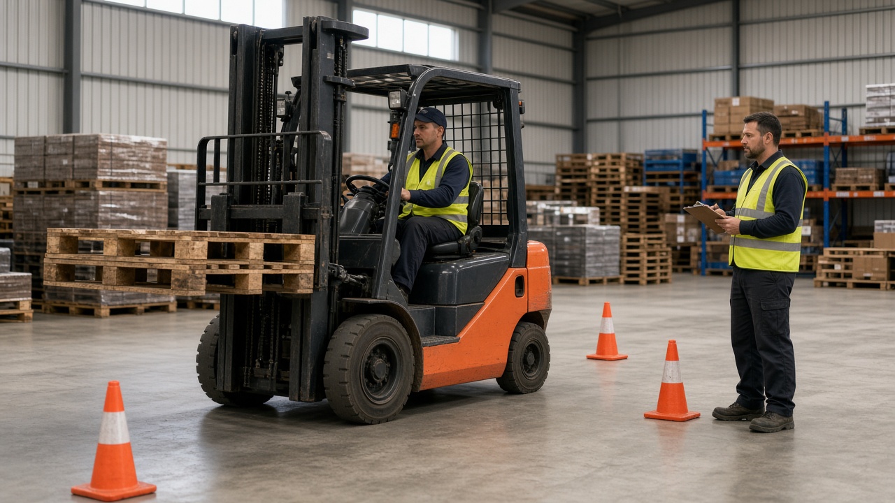 Trainee operating a counterbalance forklift in a warehouse during a forklift licence course