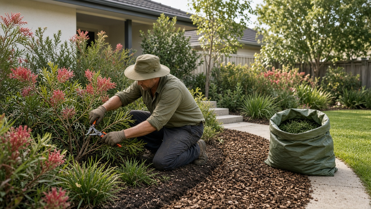 Gardener pruning grevilleas beside freshly mulched garden beds