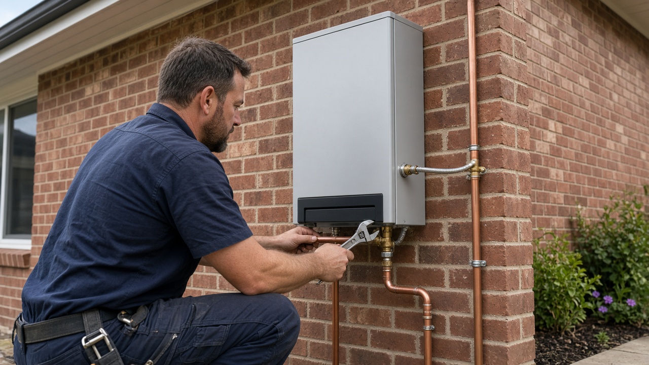 Plumber connecting pipes to a continuous flow gas hot water unit on a brick wall