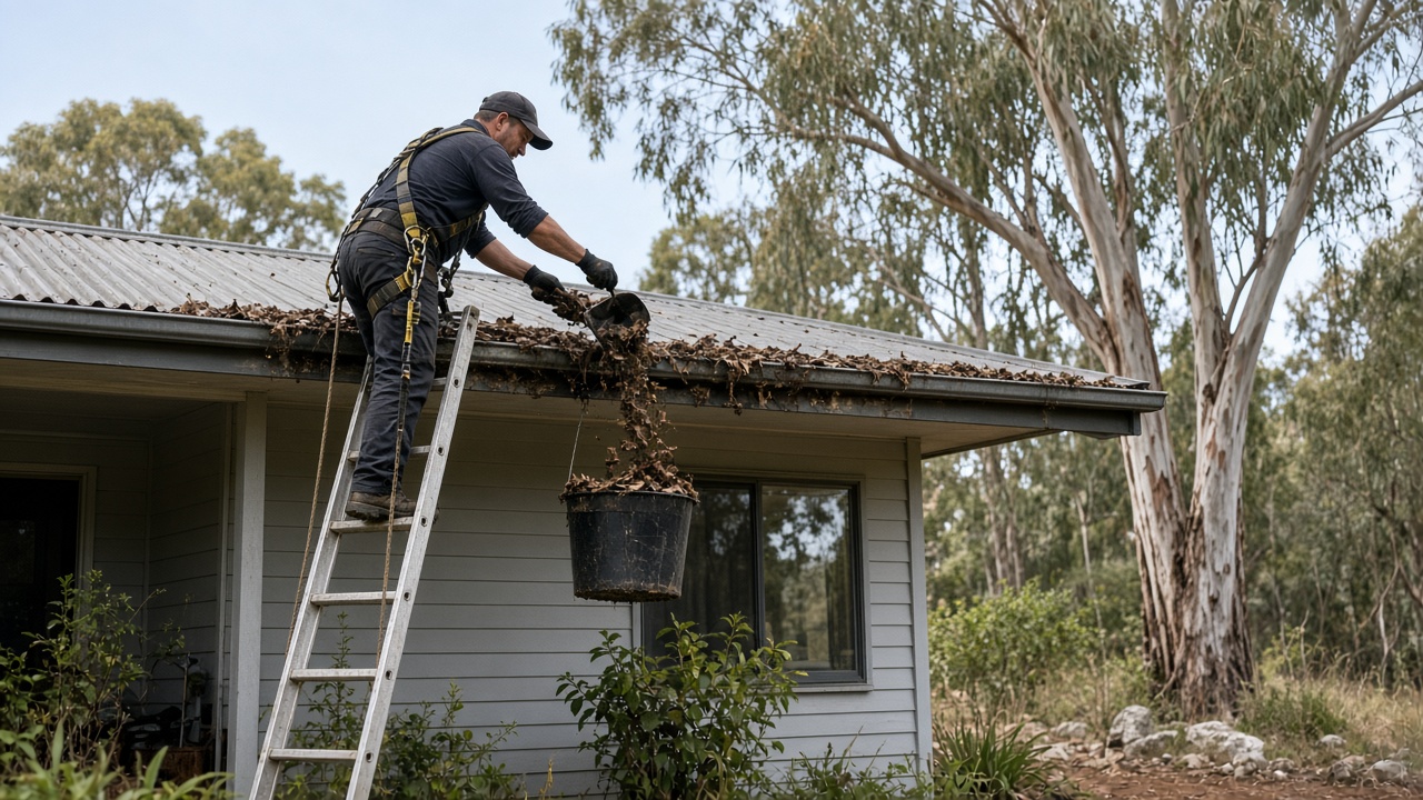 Worker on a ladder scooping leaves out of a roof gutter into a bucket