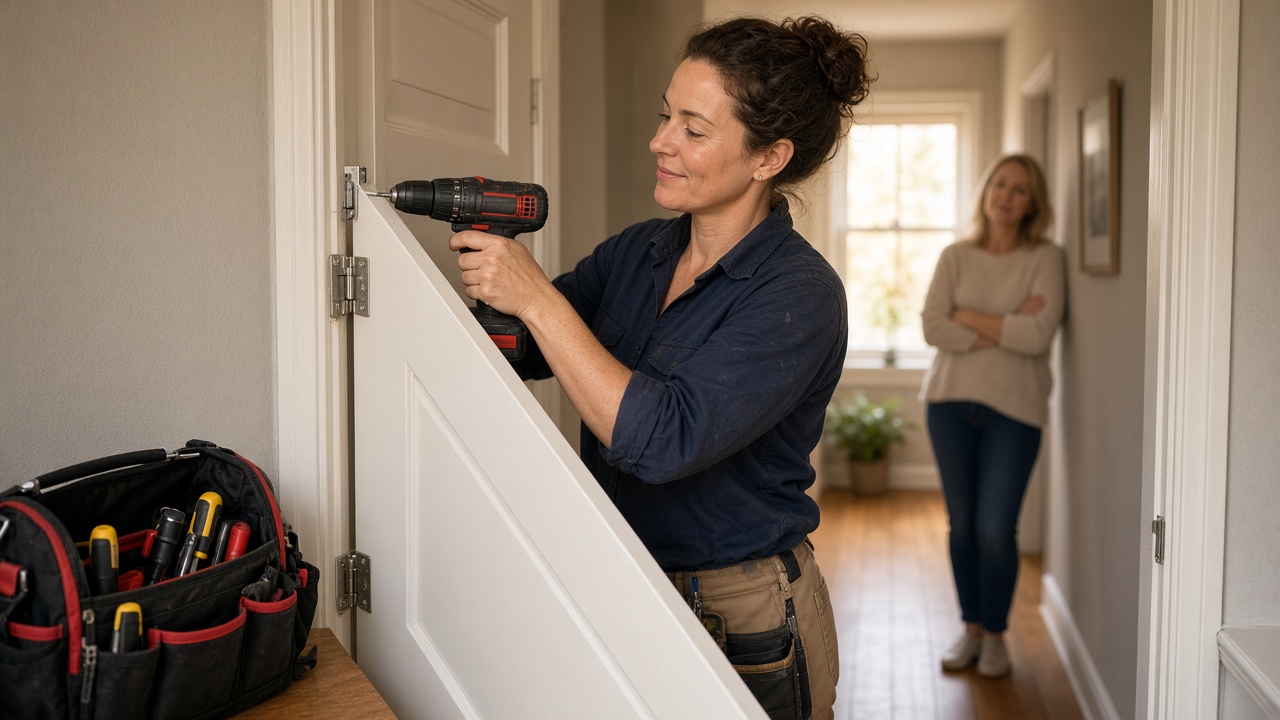 Handyman rates per hour Australia: handyperson hanging an internal door in a suburban home