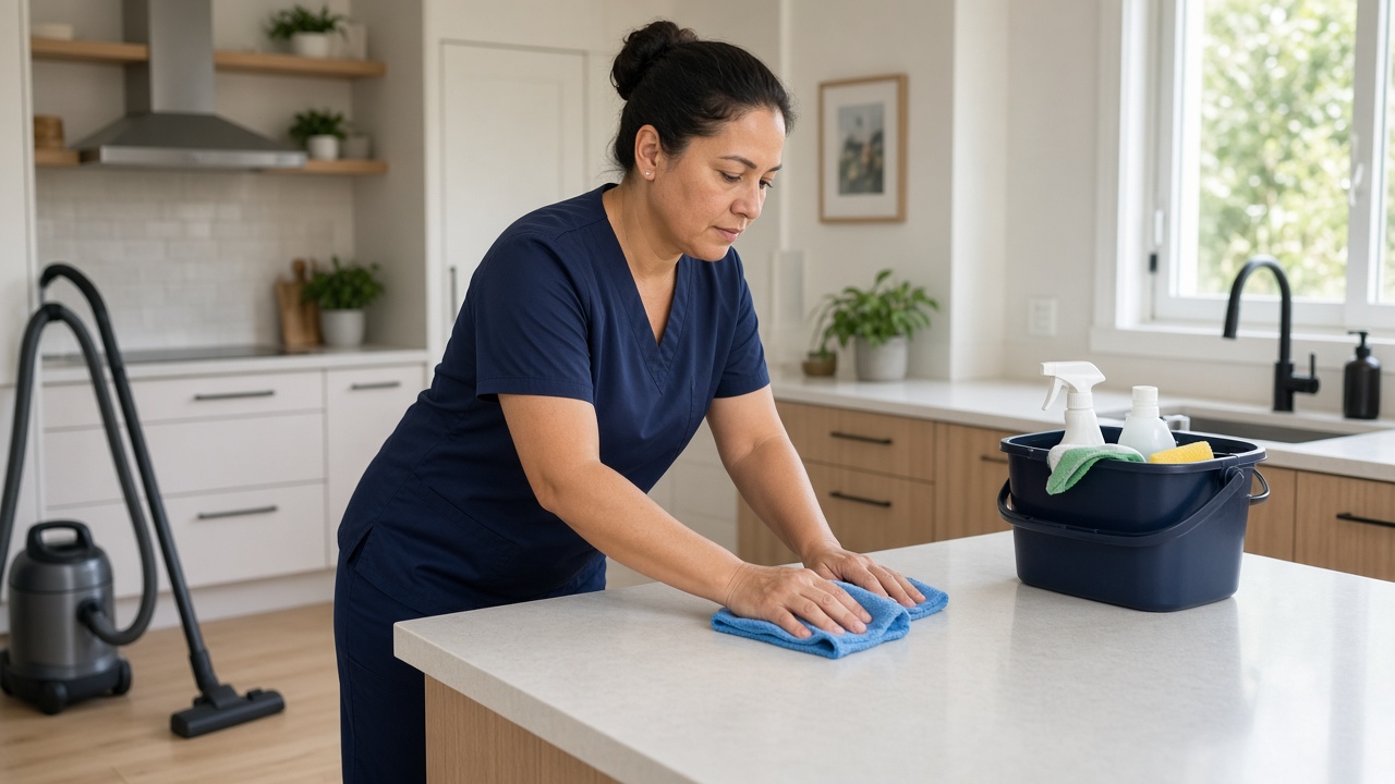 Cleaner wiping down a kitchen bench with a caddy of supplies and a vacuum nearby