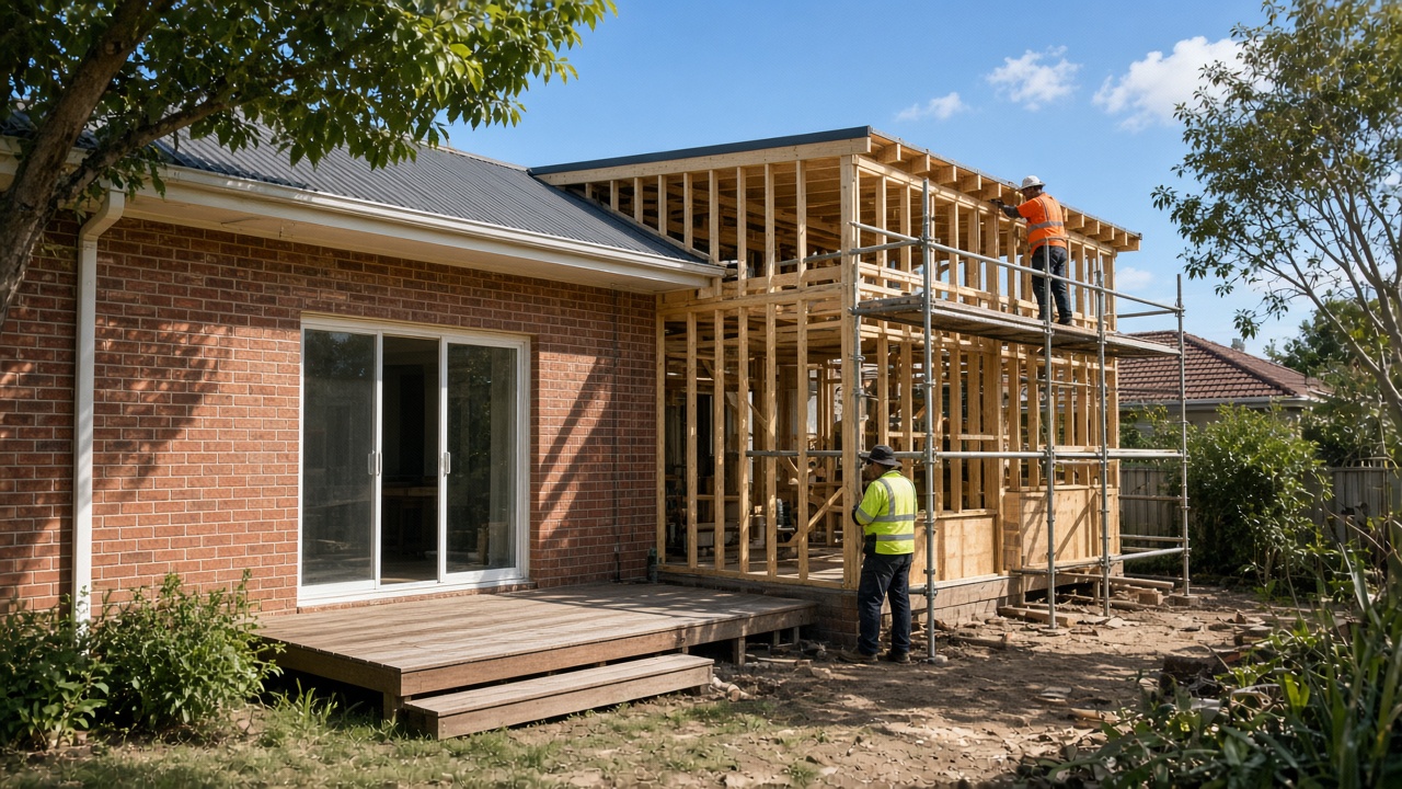 Builders framing a rear extension onto an older brick home