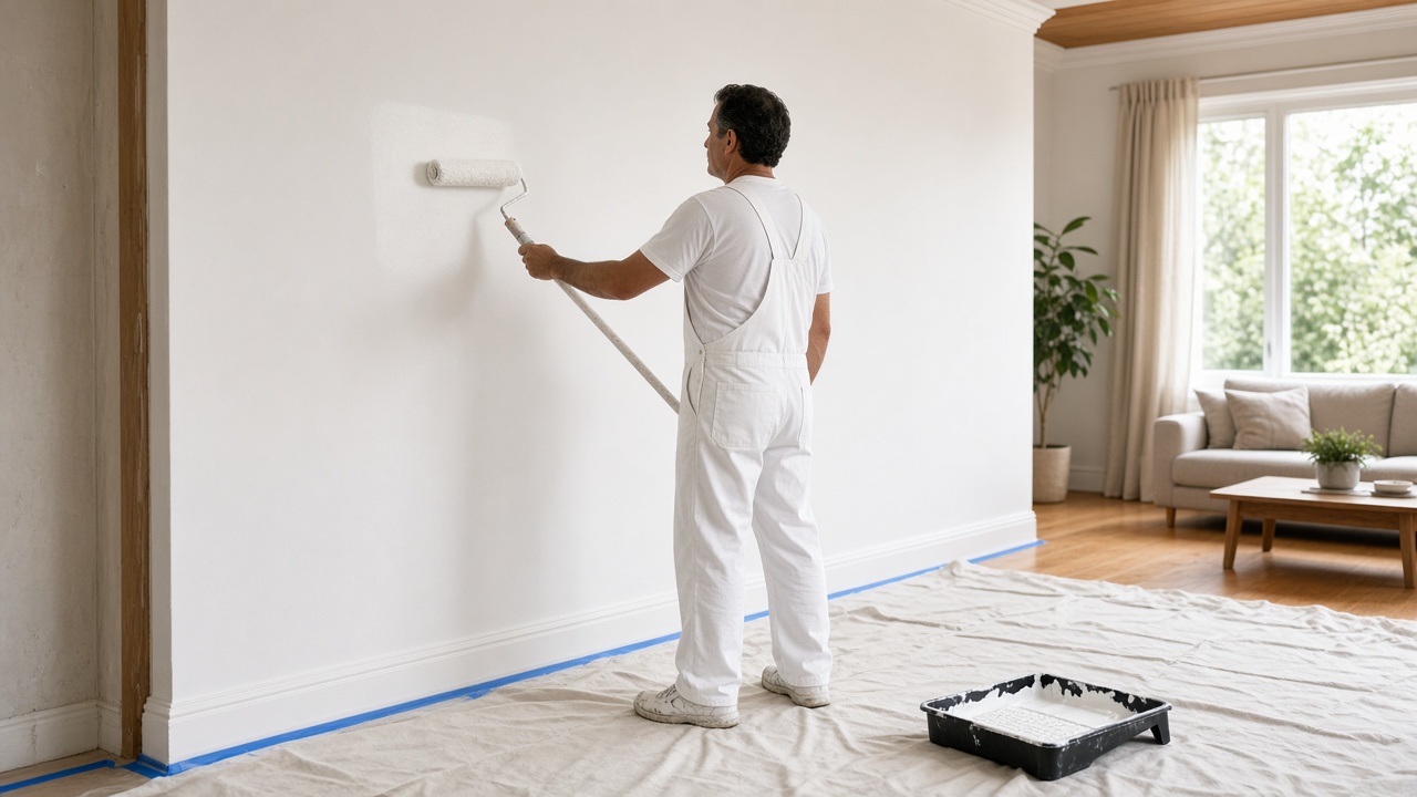Painter rolling white paint onto a living room wall over drop sheets