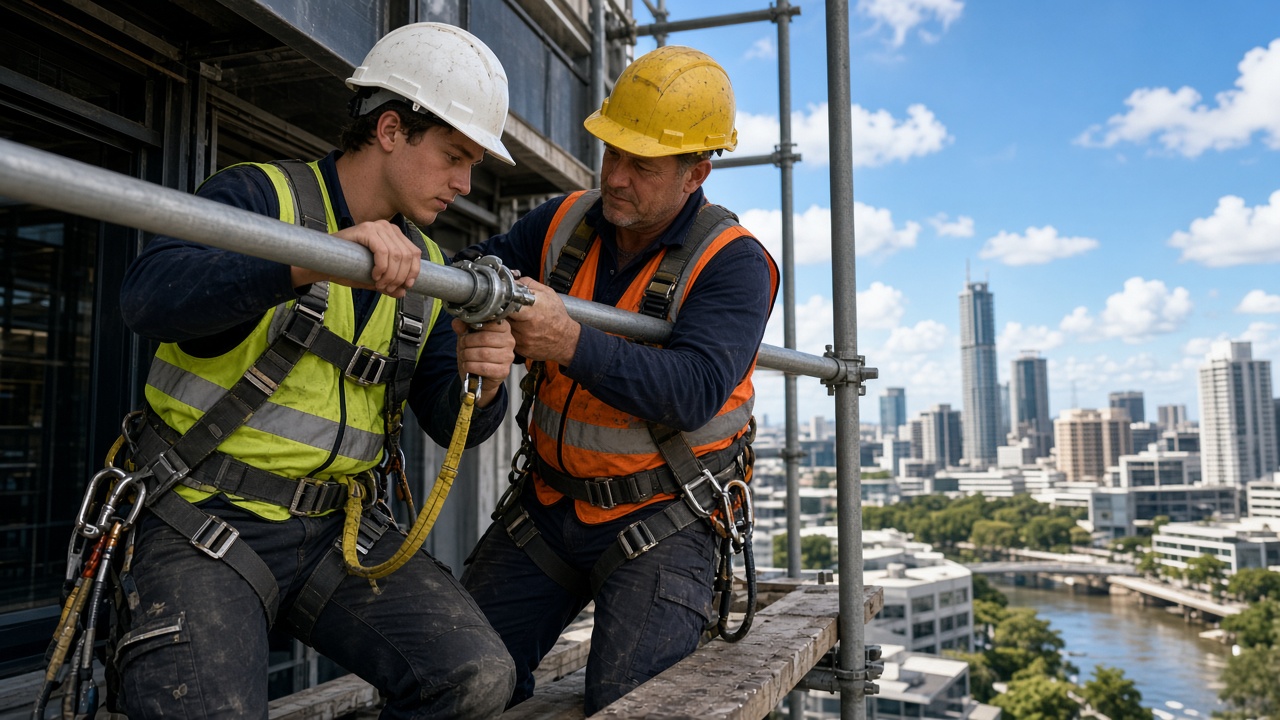 Scaffolder fixing a modular scaffold bay on a building site, illustrating how to become a scaffolder in Australia