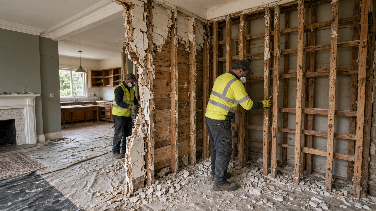 Workers in hi-vis stripping plaster and lath off an internal stud wall in an older home