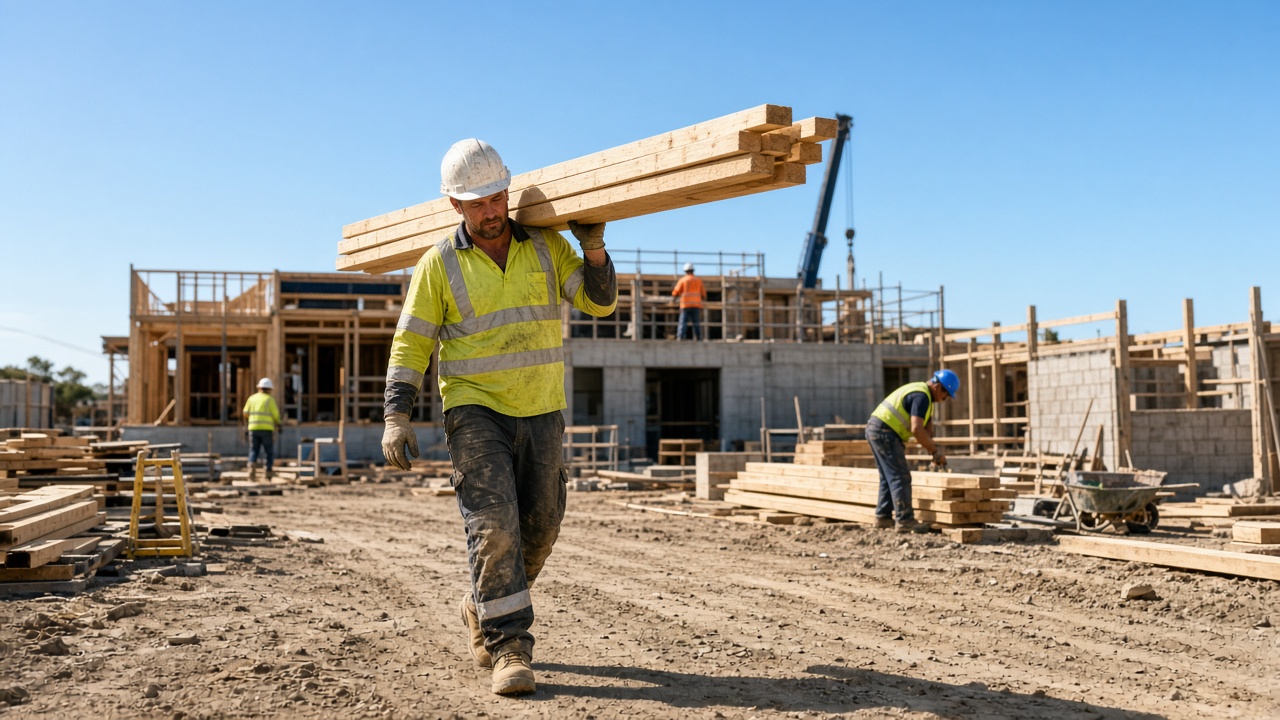 General labourer carrying timber on a residential building site, illustrating a labourer job description