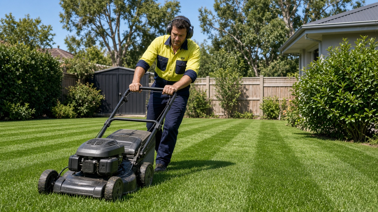 Worker in a hi-vis shirt mowing stripes into a backyard lawn