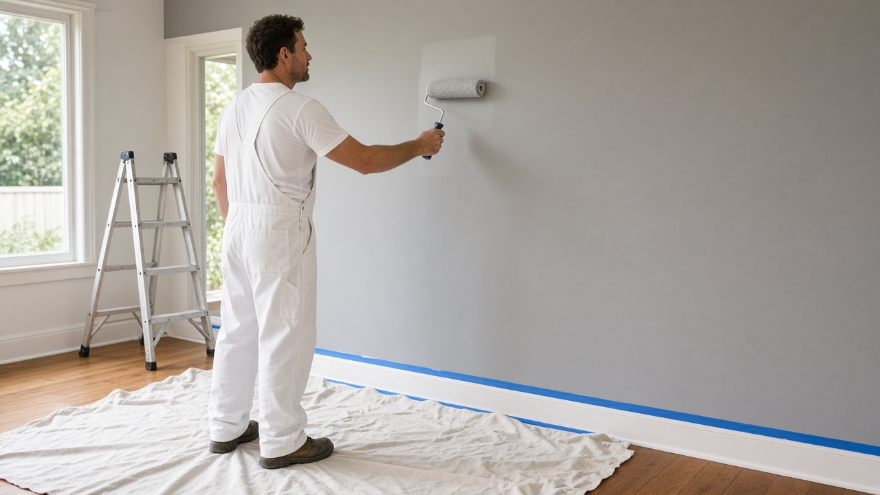 Painter hourly rate Australia: house painter rolling a living room wall