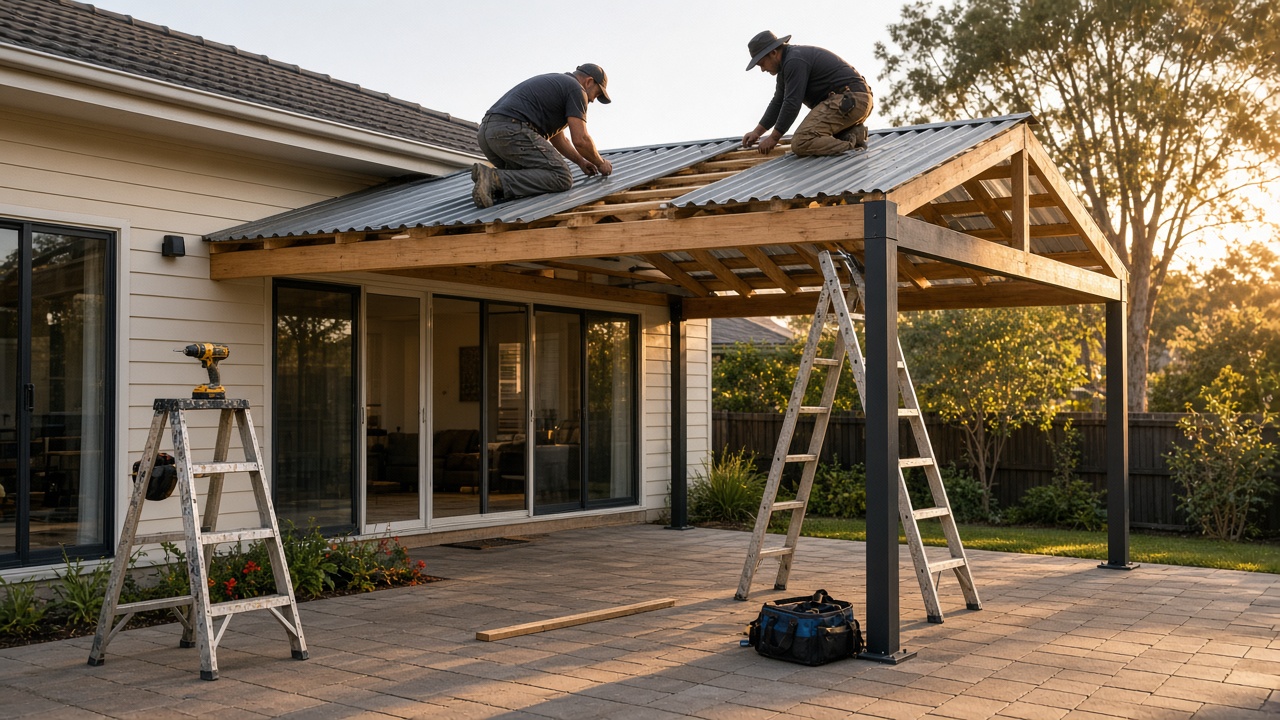 Two builders fixing roof sheets onto a new timber pergola over a paved alfresco