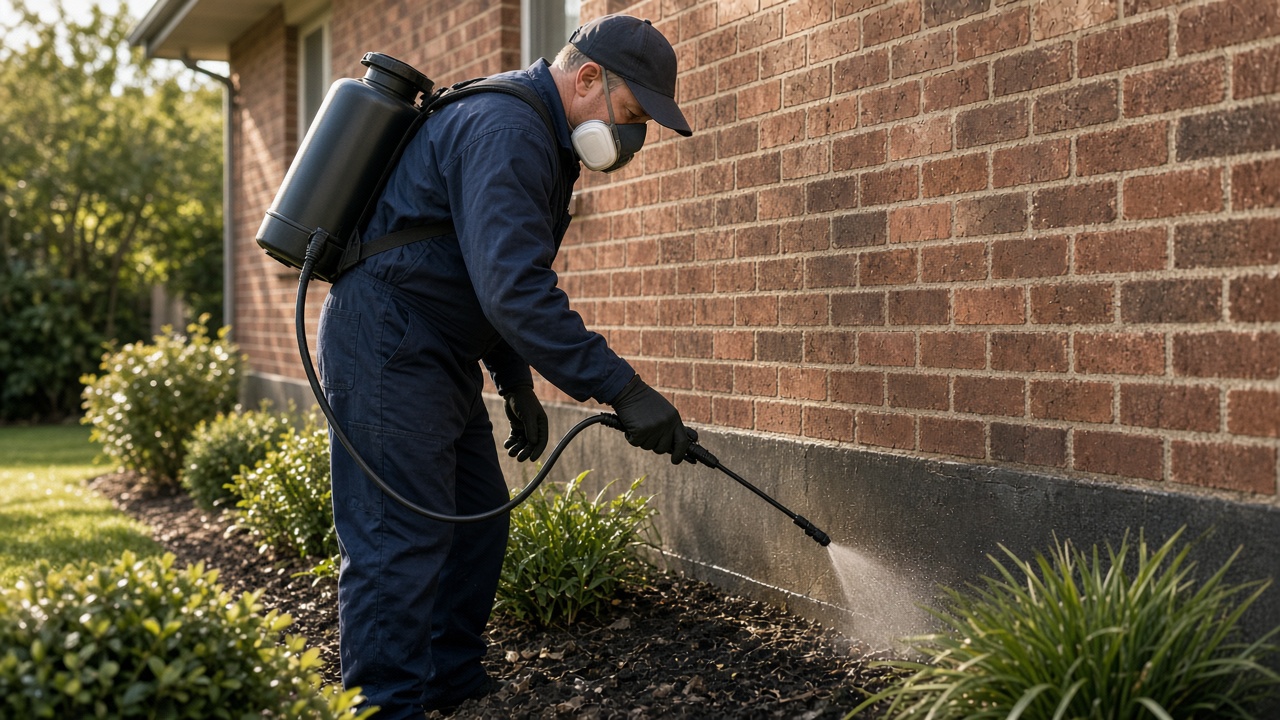 Pest control technician spraying a perimeter treatment along a brick house wall