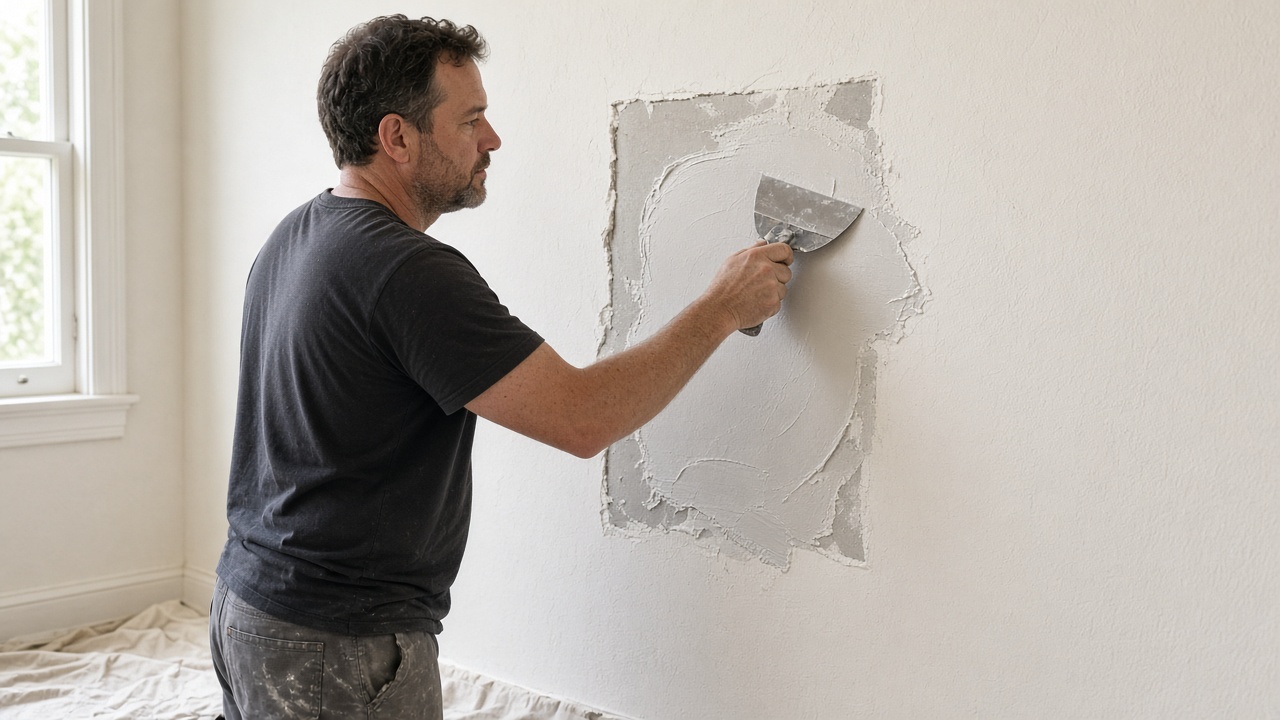 Plasterer spreading compound over a patched hole in an interior wall