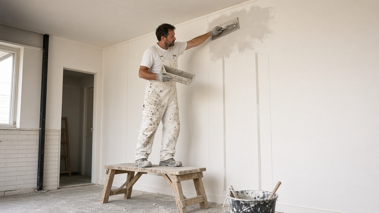 Plasterer on a trestle trowelling a skim coat onto an interior wall