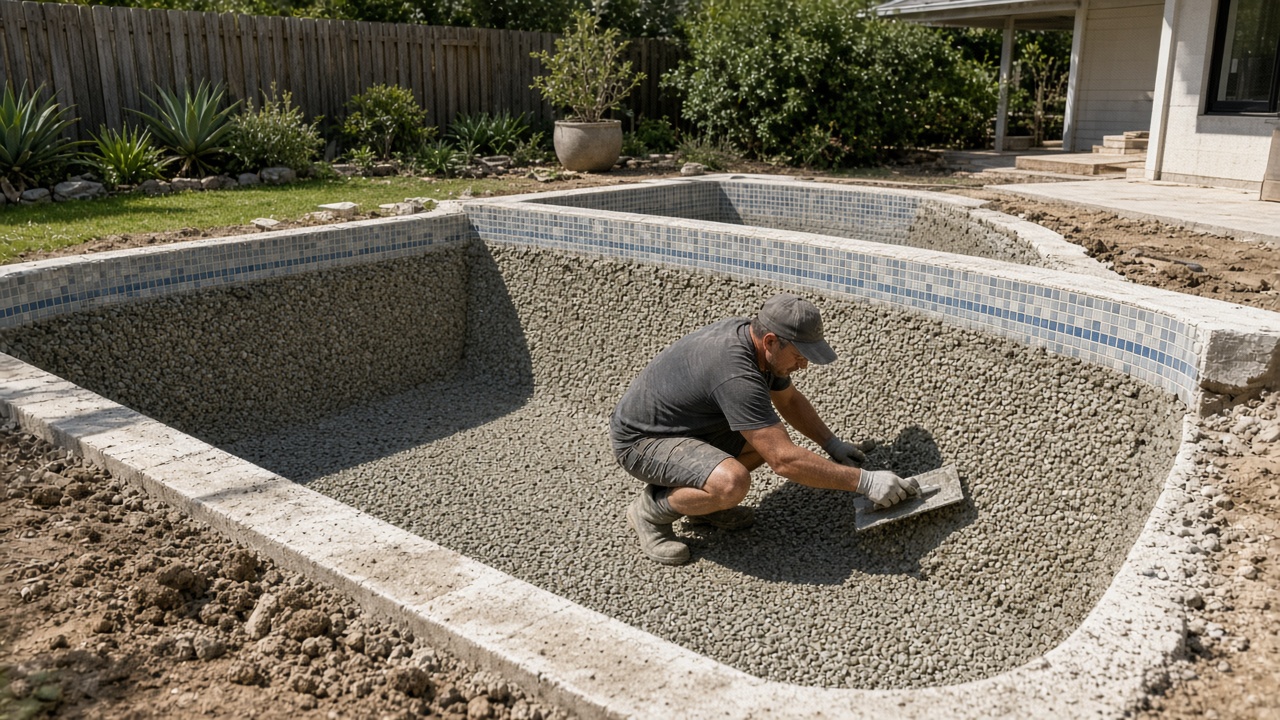Worker trowelling a new pebble finish inside a drained concrete pool
