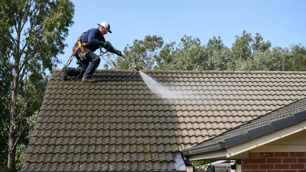 Worker in a harness pressure cleaning moss off a concrete tile roof
