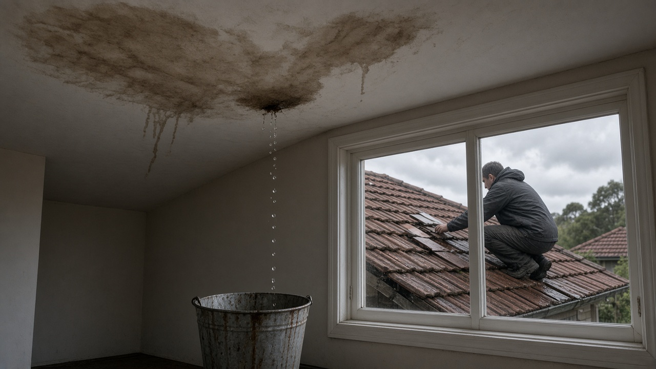 Water dripping from a stained ceiling into a bucket while a roofer fixes tiles outside the window