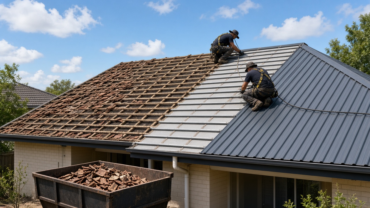Roofers laying new steel sheets after stripping old terracotta tiles, with a skip of tiles below