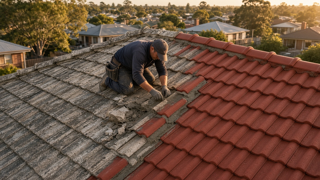 Roofer rebedding ridge caps on a faded tile roof next to a freshly coated red section