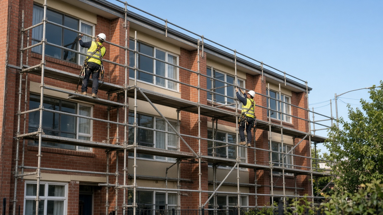 Scaffolder day rate Australia: licensed scaffolder erecting modular scaffold on a two-storey facade