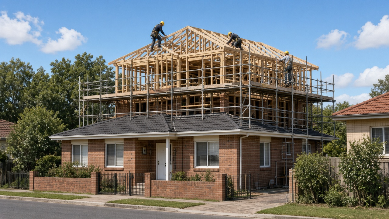 Timber frame of a second storey going up on a single-storey brick house