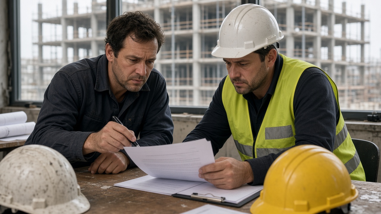 Builder reviewing a subcontract agreement on site to avoid sham contracting in Australia